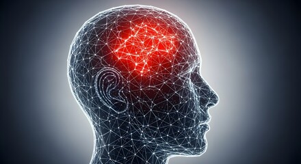 A networked human head with a glowing red brain, symbolizing connectivity, consciousness, and possibly neural activity or inflammation.