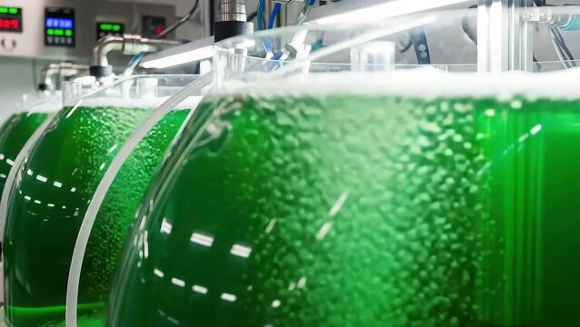 Laboratory Cultivation of Green Algae in Transparent Vessels Under Artificial Lighting for Scientific Research and Biofuel Production - Stock Video Footage