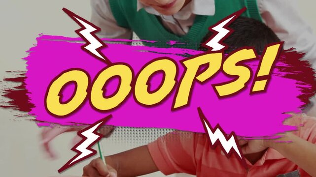 Teacher guiding student writing with green pencil at desk, causing magenta Ooops graphic fading out