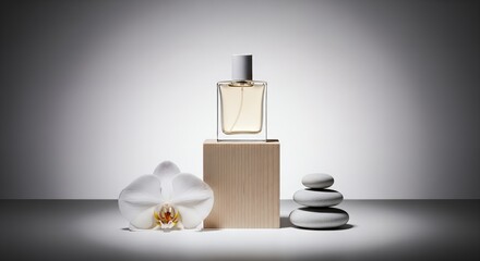 Perfume bottle on wooden block with orchid and stones, minimalist product display, spa and beauty concept