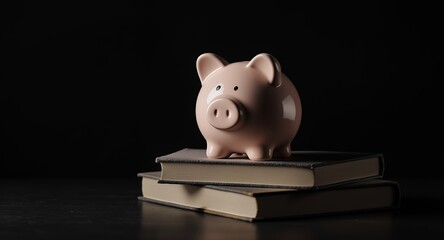 Piggy bank on books, savings, education, finance concept.