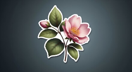 Pink Flower Blossom with Bud and Leaves, Botanical Illustration, Floral Design Element