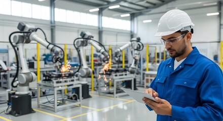 Engineer overseeing automated robotic welding in a modern industrial factory, using a tablet for monitoring and control.