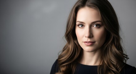 Portrait of a Woman with Long Brown Hair and Neutral Makeup, Looking Directly at Camera
