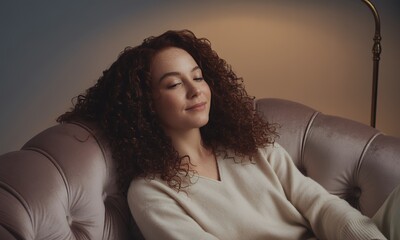 Relaxed Young Woman with Curly Hair Sitting on a Velvet Chair