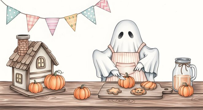 ghost baking pumpkins, halloween scene, watercolor style clip art preview