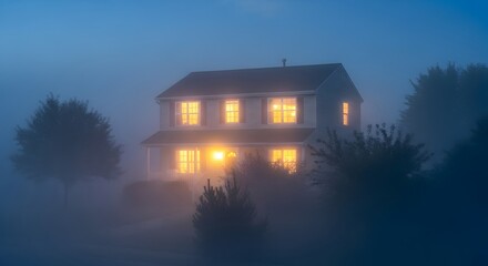 A fog enshrouded house glows with warm light emanating from its windows, creating an ethereal and inviting scene.