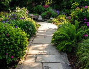 Obraz premium Sunlit garden path through lush plantings