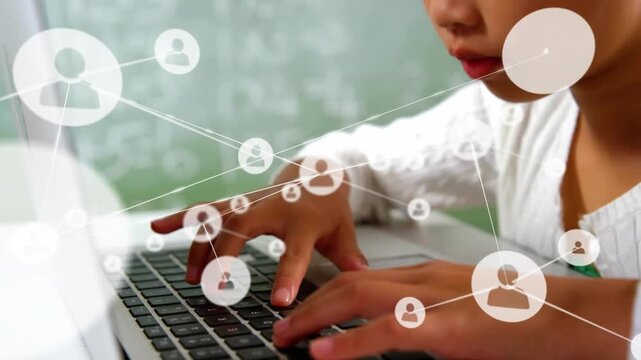 Female student pressing laptop key animating interconnected user icons spreading for e-learning