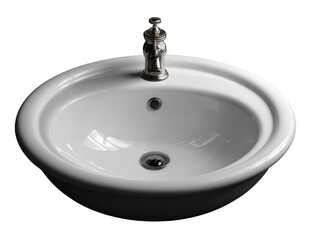 Close-up of a white ceramic bathroom sink with a silver faucet isolated on black background