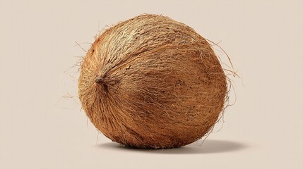 Whole coconut, light brown husk, smooth exterior, round shape, against a beige background