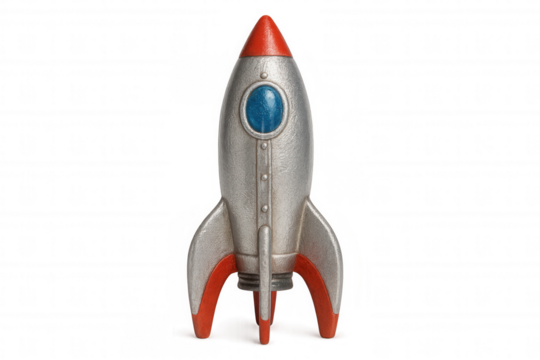 Classic space rocket toy standing upright, ready for interstellar adventures, isolated on transparent background