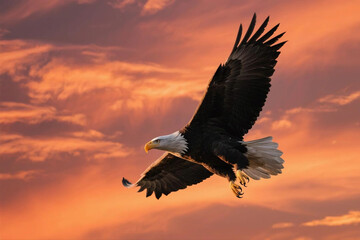 Powerful eagle soaring through fiery sky
