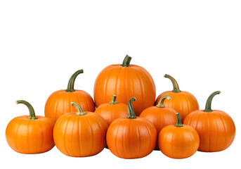 Obraz premium Vibrant collection of fresh orange pumpkins ready for autumn harvest and seasonal holiday decorations, perfect for fall promotions and festive events, isolated on white or transparent background. PNG