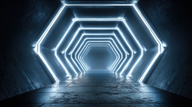 Futuristic hexagonal tunnel bathed in blue neon light