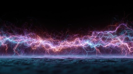 Abstract digital artwork depicting a vibrant horizontal band of pink, orange, and blue electric lightning against a dark background; a hazy, teal ground plane is visible below