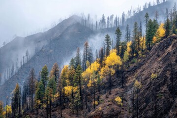 Forest Fire Aftermath Rebirth in the Mountain Landscape, Nature's Resilience