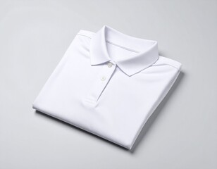 Crisp white polo shirt, neatly folded on a minimalist gray background, studio product shot