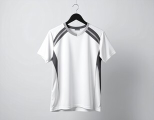 Crisp white t-shirt with grey shoulder details, hanging on a clothes hanger against a simple grey background, showcasing athletic design and modern style
