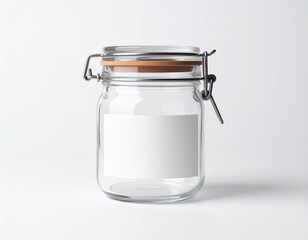 Clear glass jar with a blank label on a white background, perfect for product mockups and storage