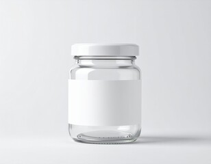 Clear glass jar with white lid and blank label on a white background, isolated product shot
