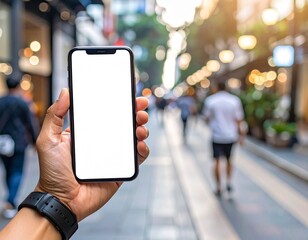 Person holding smartphone with blank screen outdoors, city street background, ready for content