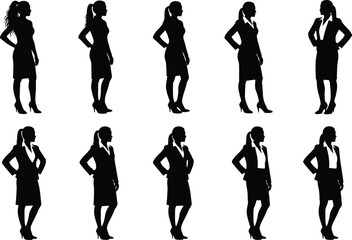 Silhouetted businesswoman variations, professional attire and hairstyle diversity, black and white vector illustration for character modeling and design use