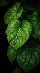 Close-up of lush, heart-shaped leaves glistening with raindrops, showcasing intricate details and deep emerald tones against a dark backdrop.