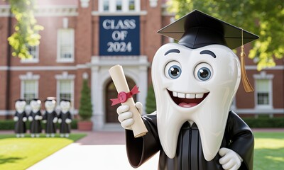 Smiling Tooth Character Graduating College, Diploma, Graduation Cap, Cartoon Mascot