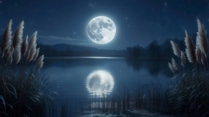 Full moon reflecting on calm lake at night