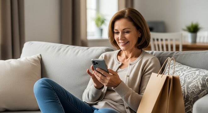 Smiling woman using smartphone on sofa with shopping bags - Powered by Adobe