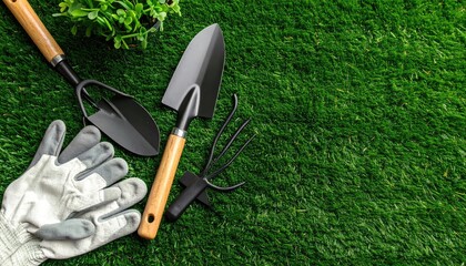 Gardening tools, including a trowel, fork, and gloves, lay on vibrant green artificial turf with a small plant in the corner, presenting a fresh gardening scene
