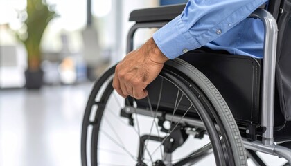 Obraz premium Close-up of a person's hand resting on a wheelchair wheel, with a blurred light interior background