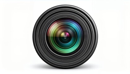 A close-up view of a professional camera lens with colorful reflections on the glass.