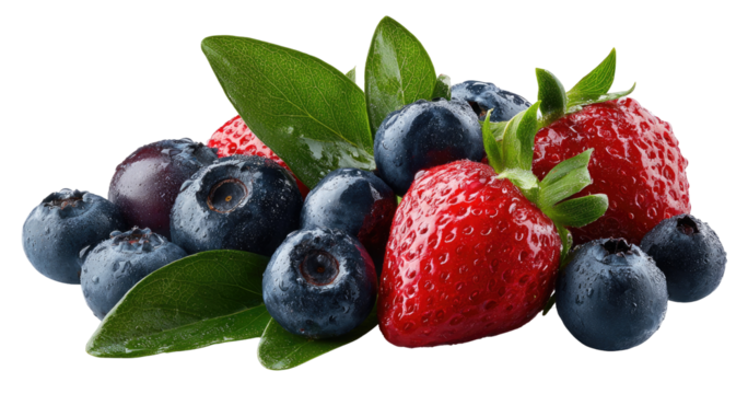 Fresh blueberries and strawberries.  Close-up of a mix of plump, ripe blueberries and juicy strawberries, nestled together with bright green leaves.  The berries appear glossy and bursting with color