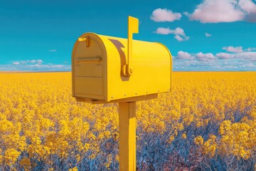 Bright yellow mailbox in a field of vibrant yellow flowers under a clear blue sky