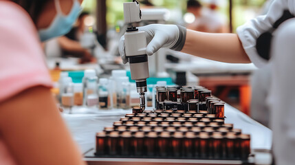 Laboratory Technician Using Pipette to Fill Vials with Liquid