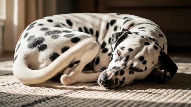 Peaceful Dalmatian Dog Sleeping Soundly on a Cozy Rug in Warm Sunlight