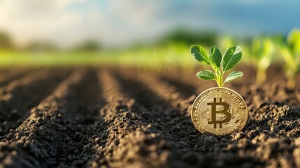 agricultural plants growing from it, set against a soft blurred background of farmland, symbolizing the intersection of agriculture and finance