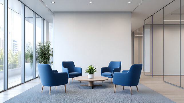 modern office lounge area with four blue chairs and round table on carpet, surrounded by glass windows and minimal white walls. 3d rendering. 3d rendering