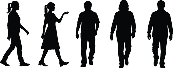 Silhouettes of five people walking and standing in varied poses, showcasing gender diversity and expressive posture on white background vector