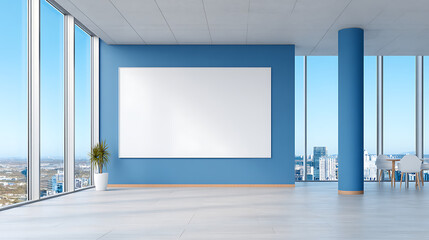 modern office lounge with empty white wall for poster mockup beside blue columns and city view through large windows. 3d rendering