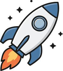 Dynamic rocket blasting off with fiery exhaust and sparkling stars, symbolizing innovation and progress