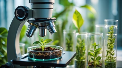 Microscope examining a healthy plant in a petri dish, symbolizing growth and discovery