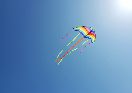 A colorful diamond kite soars high in a clear, bright blue sky, its tails trailing behind it.