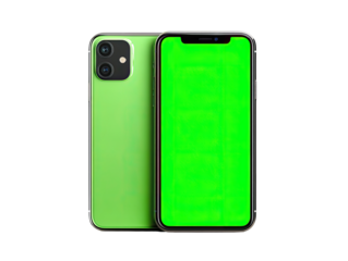 Lime green smartphone, front and back view,  screen is solid green