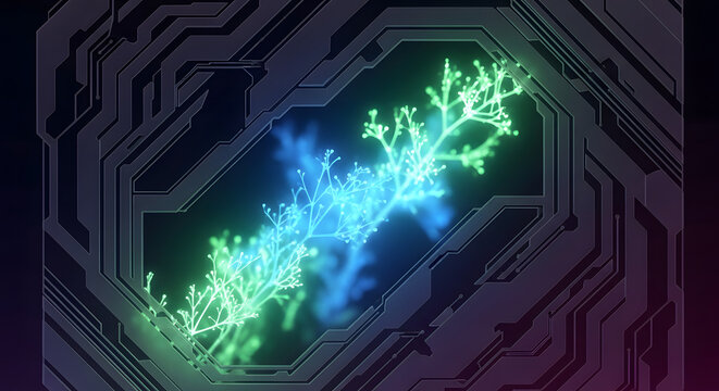 Abstract digital art piece featuring glowing, branching structures within a circuit-like frame.