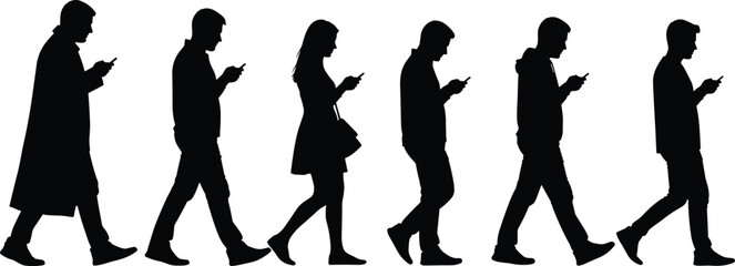 Silhouettes of six people walking while looking at smartphones, illustrating modern posture and digital dependence on white background vector