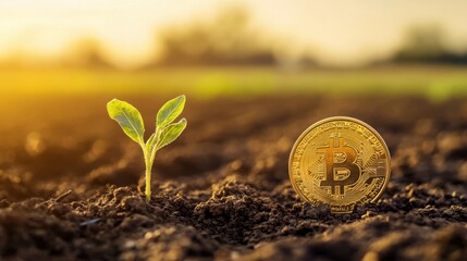 A golden coin with agricultural plants growing from it, set against a soft blurred background 
