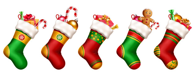 Set of five festive Christmas stockings filled with holiday treats like candy canes, gingerbread men, balls, and gift boxes. Each stocking is uniquely designed with vibrant colors and patterns.